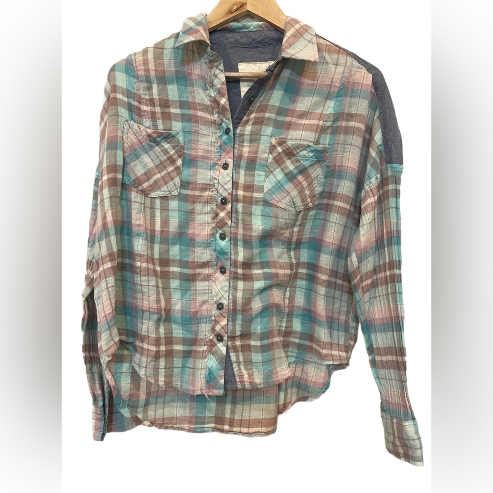 We The Free by Free People Plaid Button-Down Shirt XS Distressed Boho